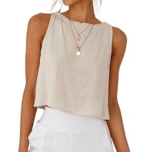 NWT Womens Linen Crop Tank Top Beige Sleeveless Button Back Beach Summer Med